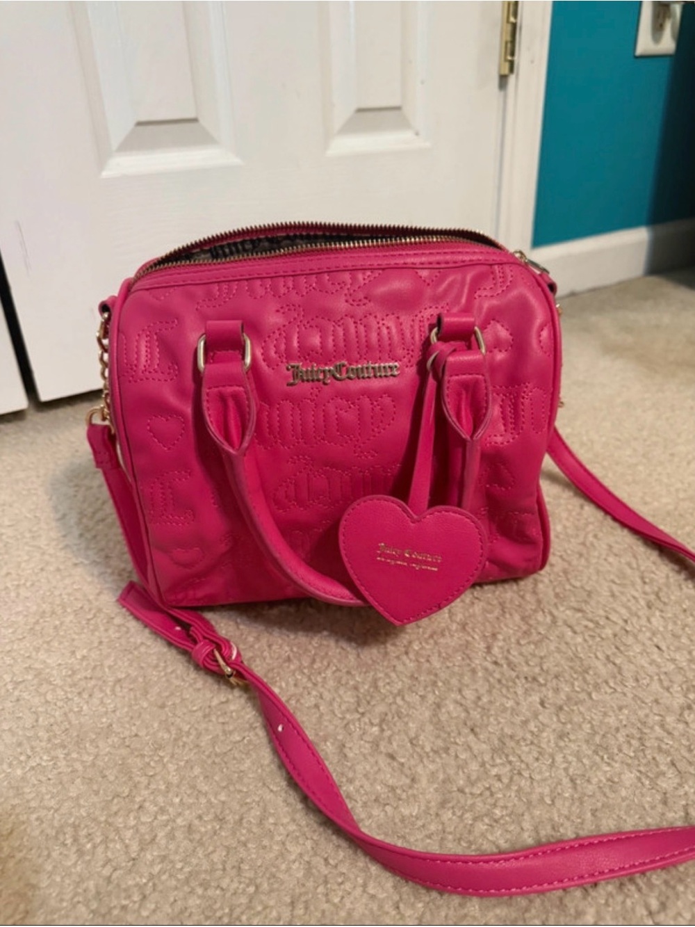 Juicy Couture Bright Pink Heart-Embossed Crossbody Bag